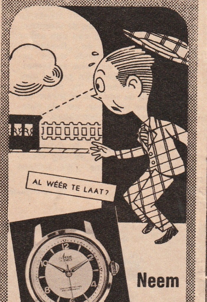 retro reclame 1957 Avia horloge ook naar de NS trein, Verzenden, Overige typen