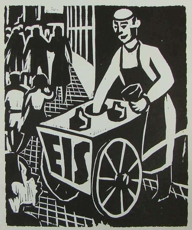 Heinz Fleischer (1920–1975) Hout/Linosnede 'IJsverkoper' ~19, Antiek en Kunst, Ophalen of Verzenden