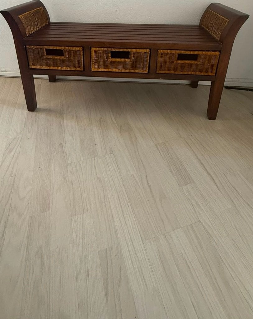Houten halbankje / sidetable met rieten lades – vintage, Ophalen of Verzenden