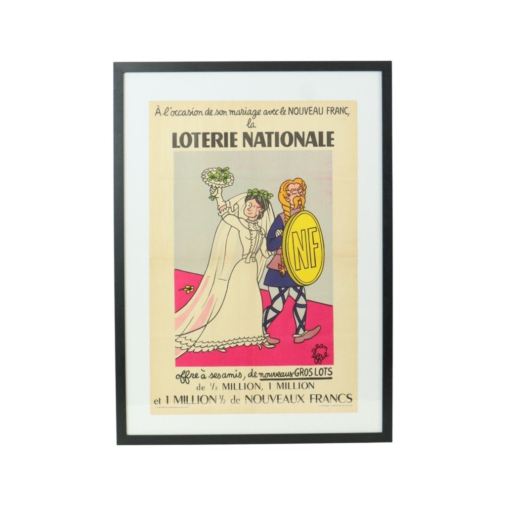 Vintage Ingelijste Poster Loterie Reclame France Fifties, Met lijst, Ophalen of Verzenden, A1 t/m A3, Reclame