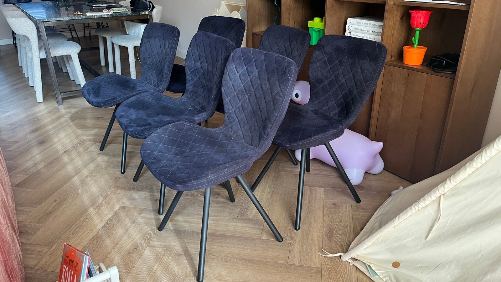 6 x mooie blauwe eetkamer stoelen, Ophalen, Zo goed als nieuw, Blauw, Twee