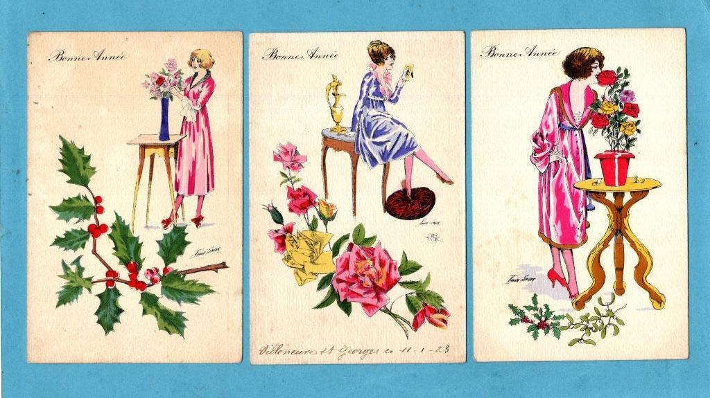 3x Oude glamour nieuwjaarskaarten van X.Sager - S832 ca1920, Verzamelen, Ansichtkaarten | Themakaarten, Verzenden, 1920 tot 1940