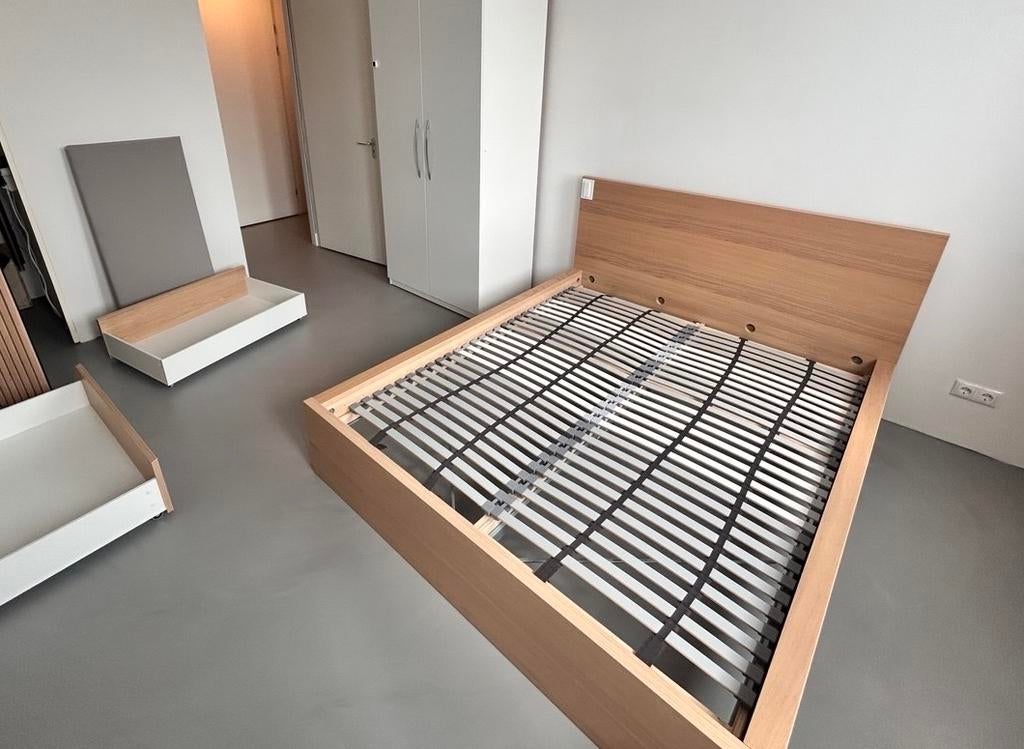 IKEA MALM bed 160x200 + 2 opberglades, gedemonteerd, Huis en Inrichting, Slaapkamer | Bedden, Ophalen, Gebruikt, Bruin, Tweepersoons