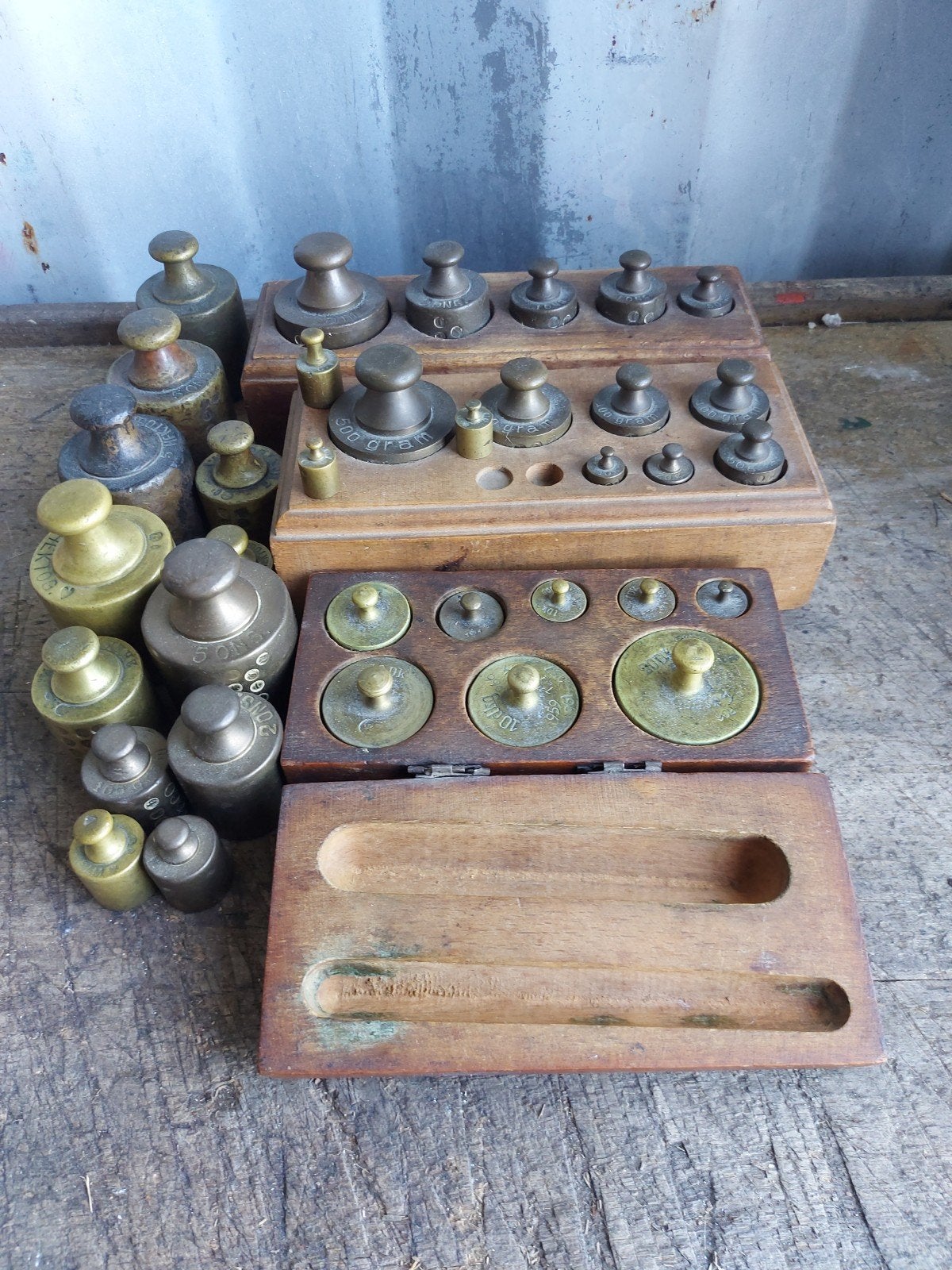 Antieke gewichten set in houten kistjes, Antiek en Kunst, Ophalen of Verzenden
