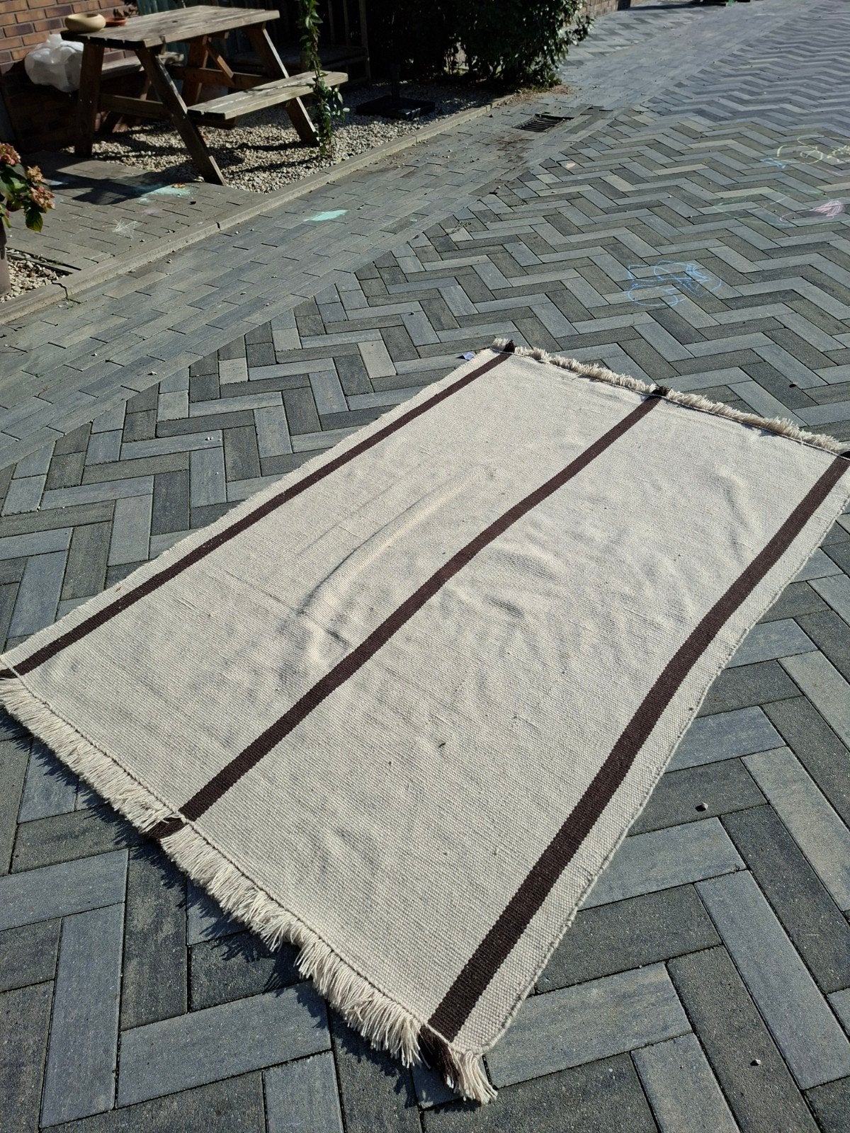 Ferm Living kelim vloerkleed van wol - Off White/Coffee, 100 tot 150 cm, 200 cm of meer, Ophalen of Verzenden, Zo goed als nieuw