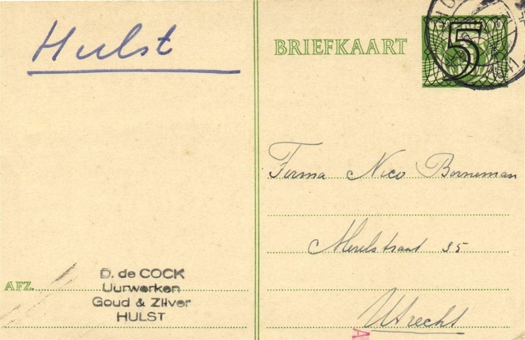 D. de Cock, Uurwerken, Hulst - 10.1941 - briefkaart, Ophalen of Verzenden, Briefkaart