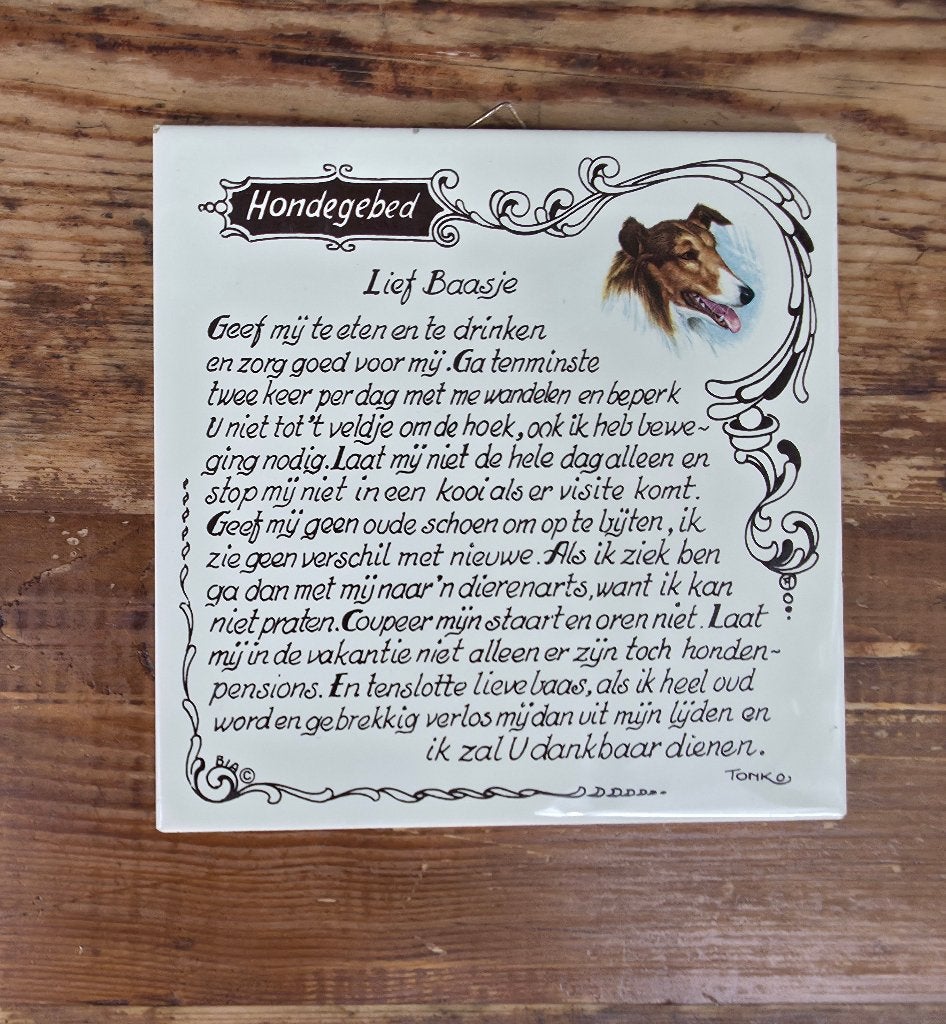 Honden liefhebber spreuk baasje, antieke tegel hond 15x15cm, Ophalen of Verzenden