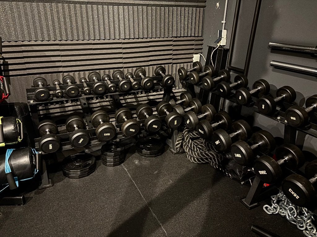 Dumbell set + rek, Sport en Fitness, Fitnessmaterialen, Ophalen, Zo goed als nieuw, Benen, Dumbbell