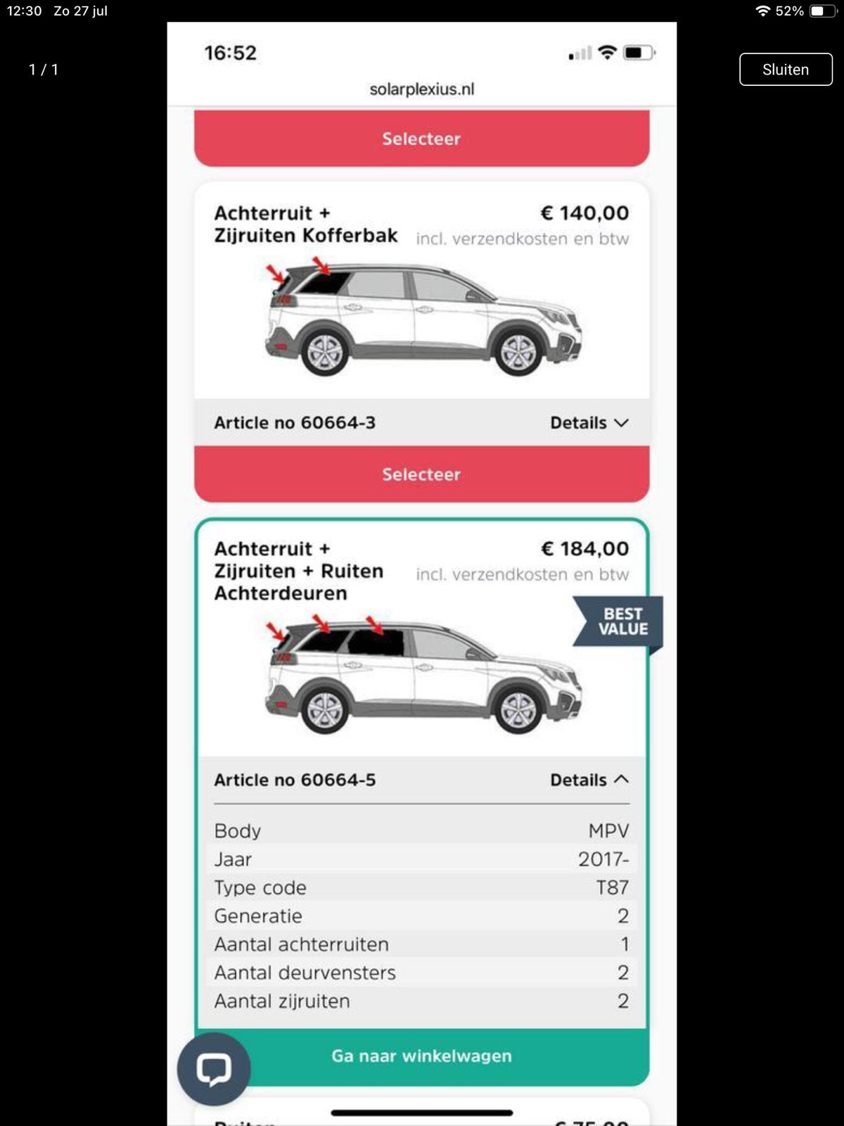 Solarplexius zonwering voor Peugeot 5008., Auto-onderdelen, Ruiten en Toebehoren, Ophalen, Gebruikt, Peugeot