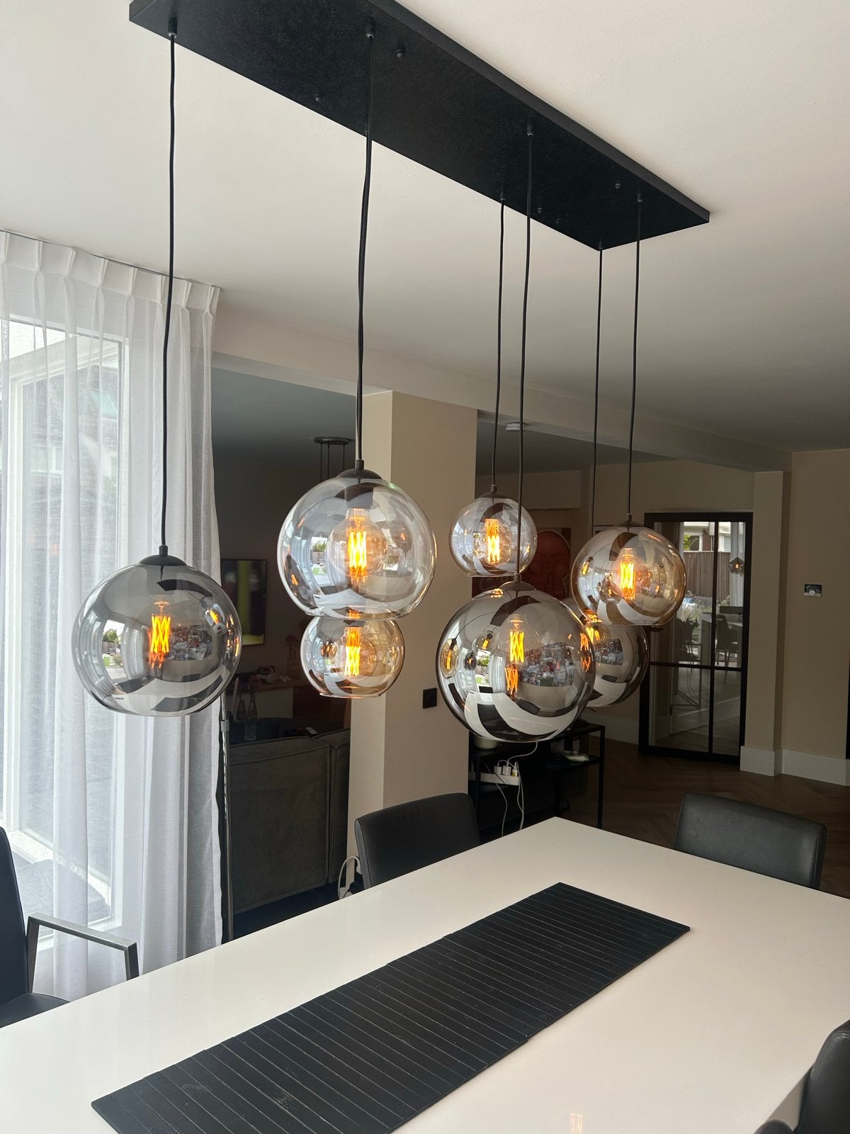 Moderne eettafel hanglamp met 7 glazen bollen-Nieuw in doos, Ophalen, Nieuw, E27 (groot), Glas