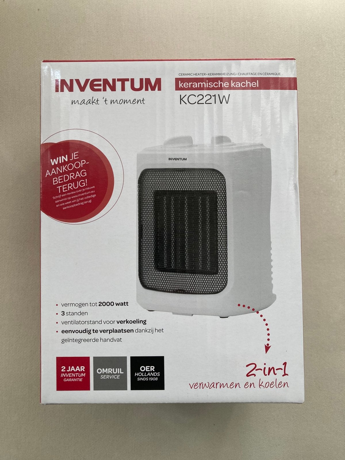 Inventum KC221W Keramische Kachel en ventilator in 1, Witgoed en Apparatuur, Ventilatoren, Ophalen of Verzenden, Nieuw, Tafelventilator
