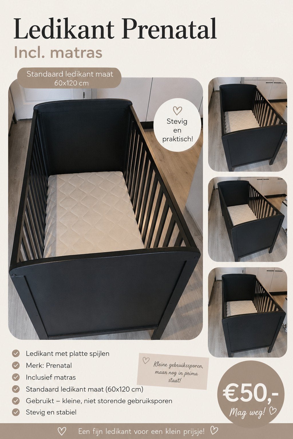 Prenatal Ledikant Zwart Inclusief Matras 60x120 cm, Kinderen en Baby's, Babywiegjes en Ledikanten, Ophalen of Verzenden