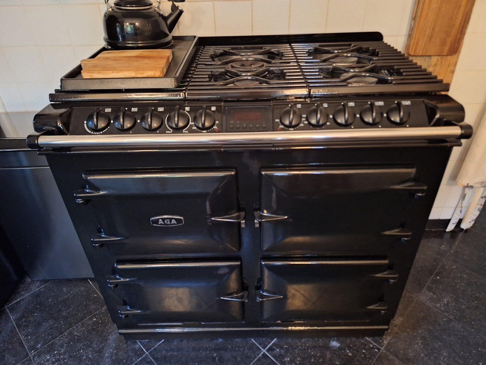 AGA Fornuis met Gas Kookplaat en Electrische Ovens - Zwart, Gebruikt, Hete lucht, 60 cm of meer, Ophalen of Verzenden