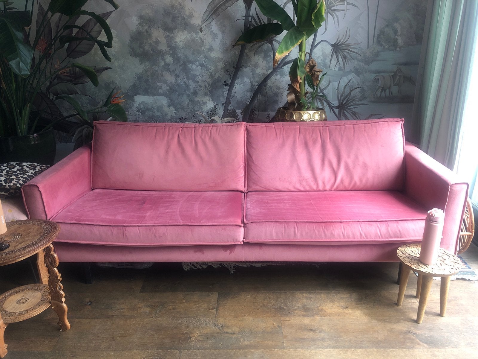 Roze fluwelen bank - 3-zits sissy boy, Huis en Inrichting, Ophalen, Gebruikt, Driepersoons, Rechte bank