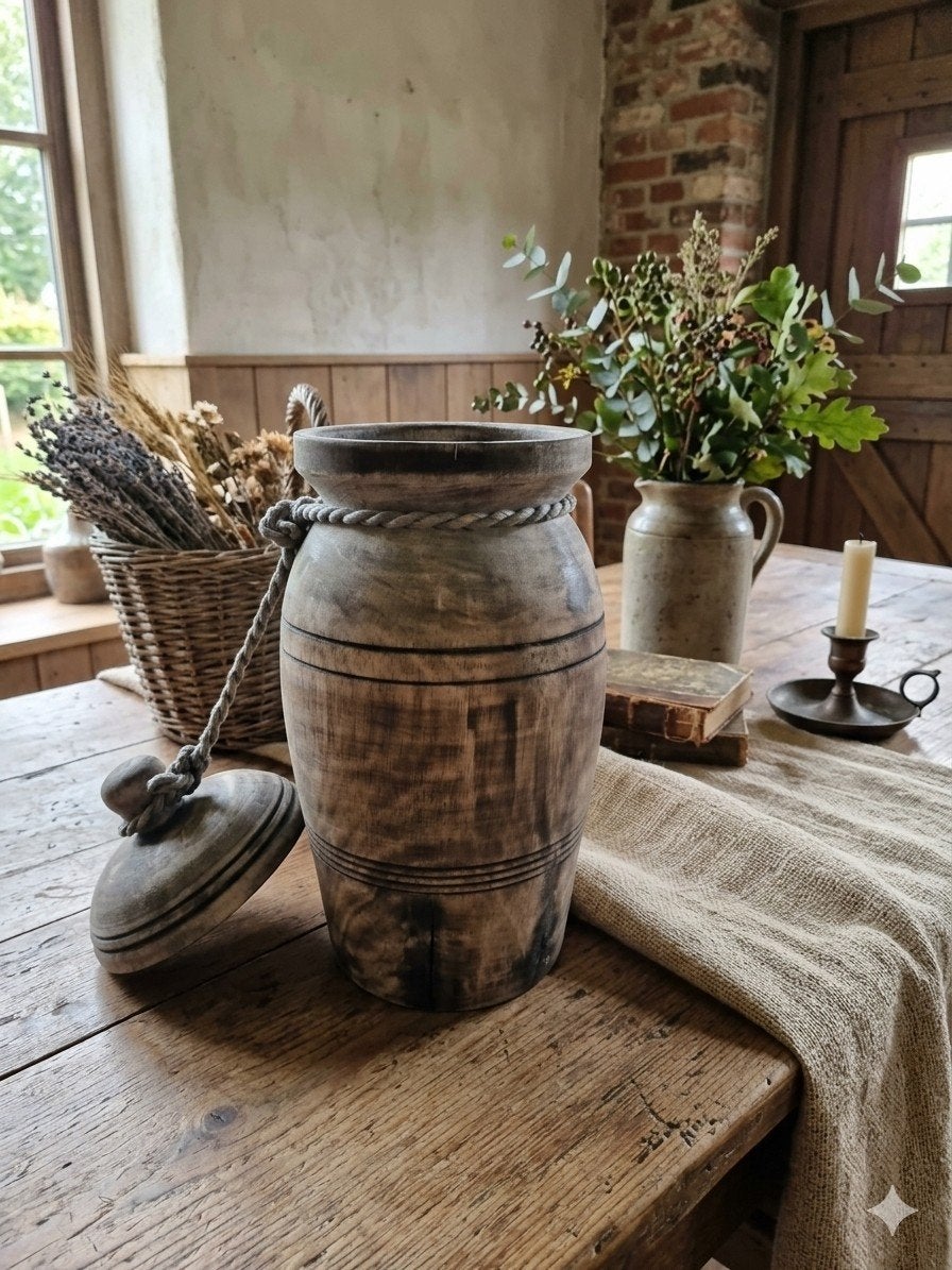 Nepalese houten pot met deksel - Ø14cm H29cm, Ophalen of Verzenden