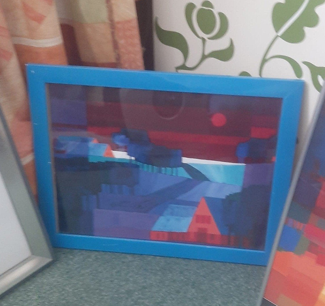 Abstracte poster in blauwe lijst - 45x45cm, Ophalen