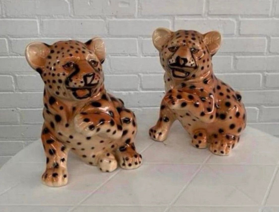Beeld twee mid century luipaard welpen vintage beelden 70s., Ophalen of Verzenden