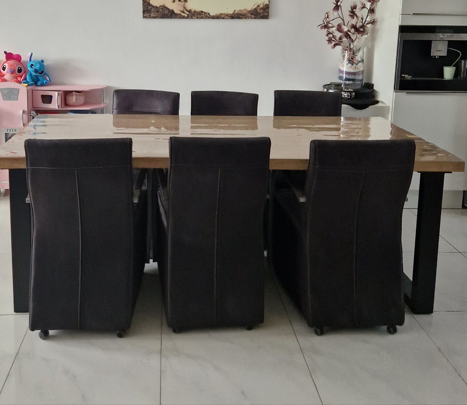 6 zwarte eetkamerstoelen op wieltjes- comfortabel en stijlvo, Ophalen, Gebruikt, Zwart, Modern