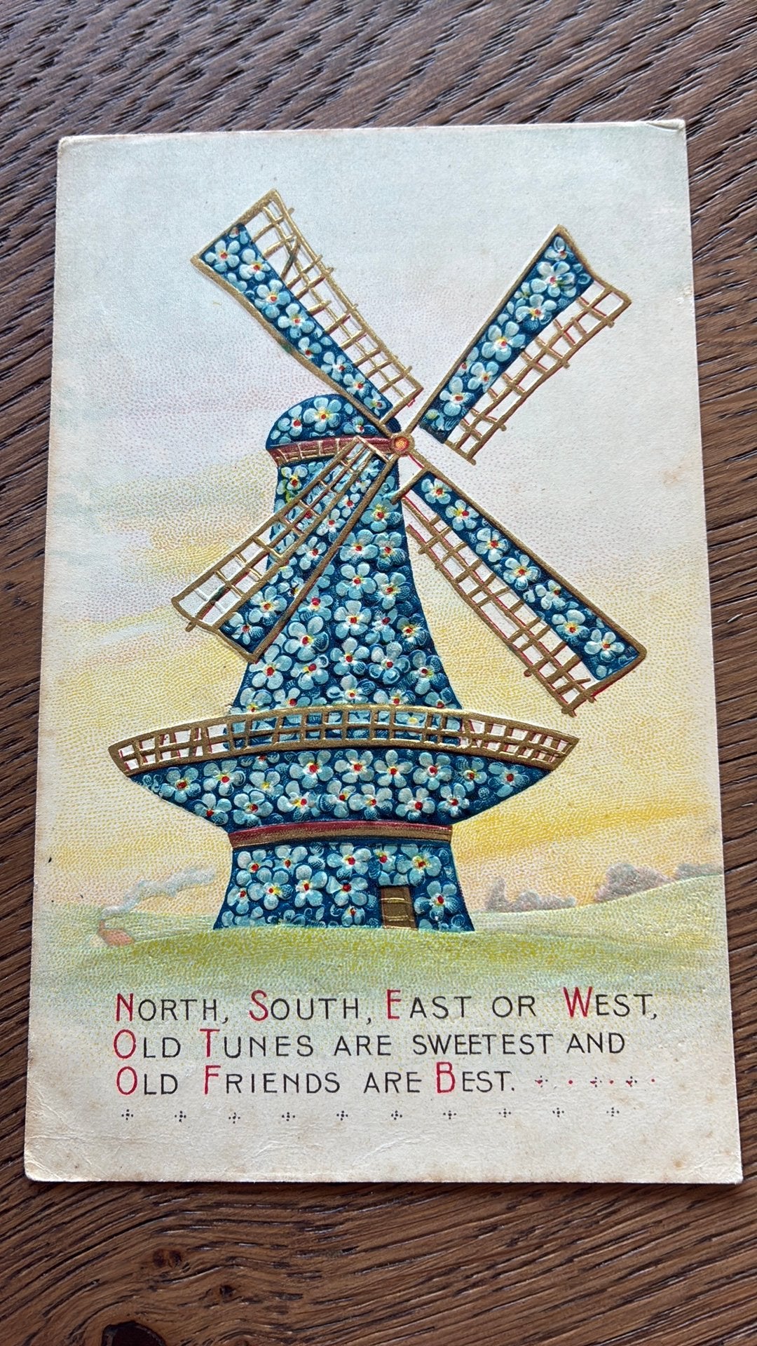 Reliefkaart. Molen van vergeetmijnietjes, goudopdruk.1909, Ophalen of Verzenden, Voor 1920, Gelopen