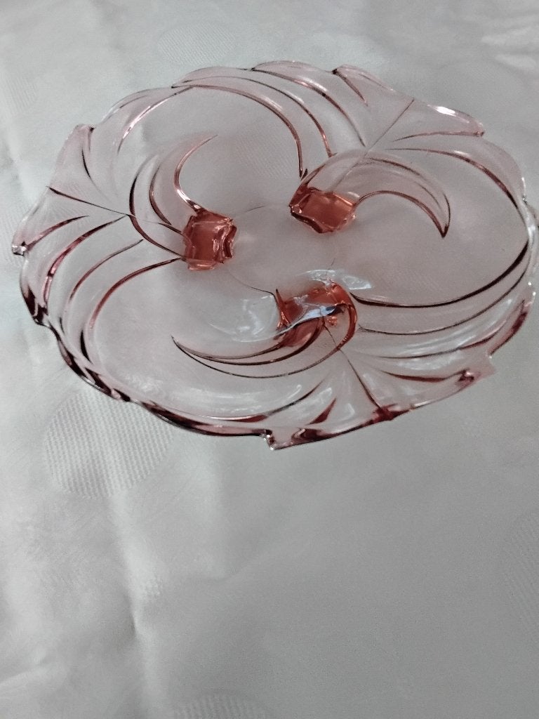 Vintage decoratieve schaal van roze (pers)glas, Ophalen of Verzenden