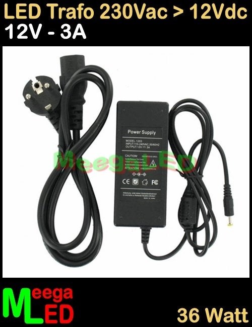LED Trafo Voeding Adapter Driver - 230V > 12V - 3A = 36W –S2, Overige merken, Kunststof, Zwart, Nieuw