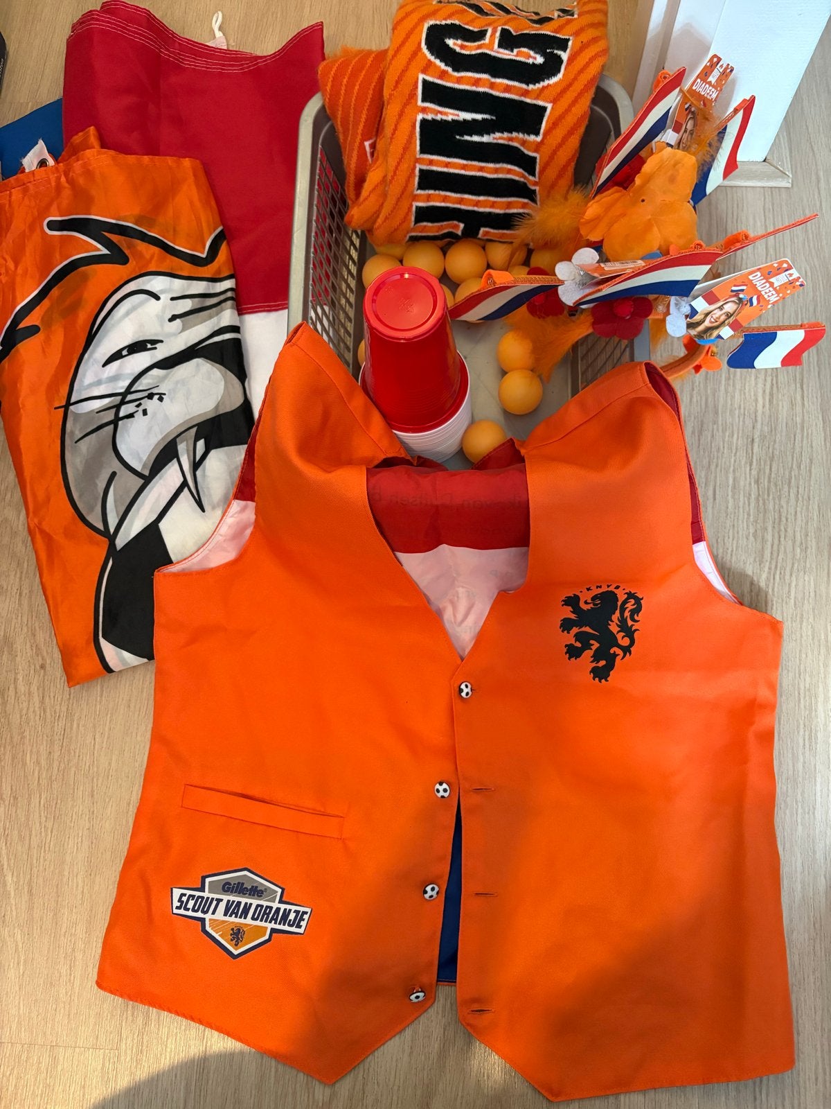 Oranje Feestpakket: Vest, Vlaggen, Diadeem & Meer!, Ophalen, Zo goed als nieuw, Feestartikel, Oranje of Koningsdag