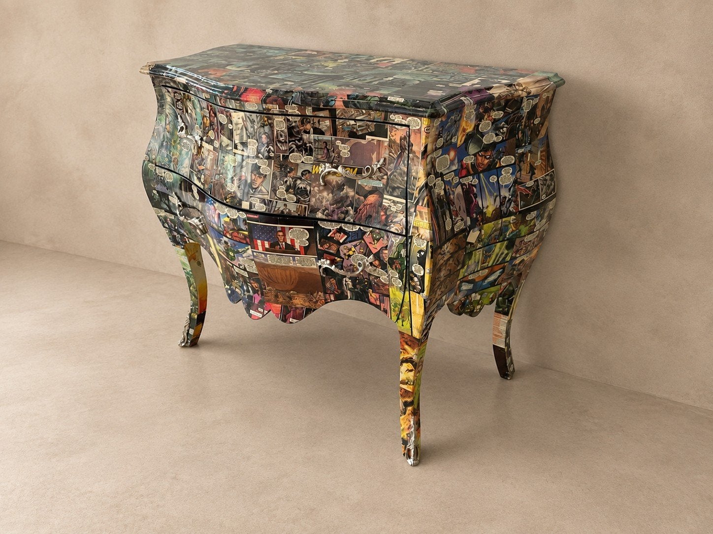 Commode in Louis XV-stijl met een stripboek print, Ophalen of Verzenden, 18 tot 19, Zilver, Dame of Heer