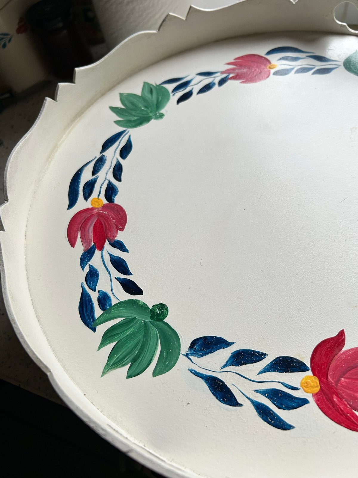Handgemaakt Dienblad met Boerenbont Motief - Ø 39 cm Hout, Huis en Inrichting, Woonaccessoires | Dienbladen, Gebruikt, Rond, Div