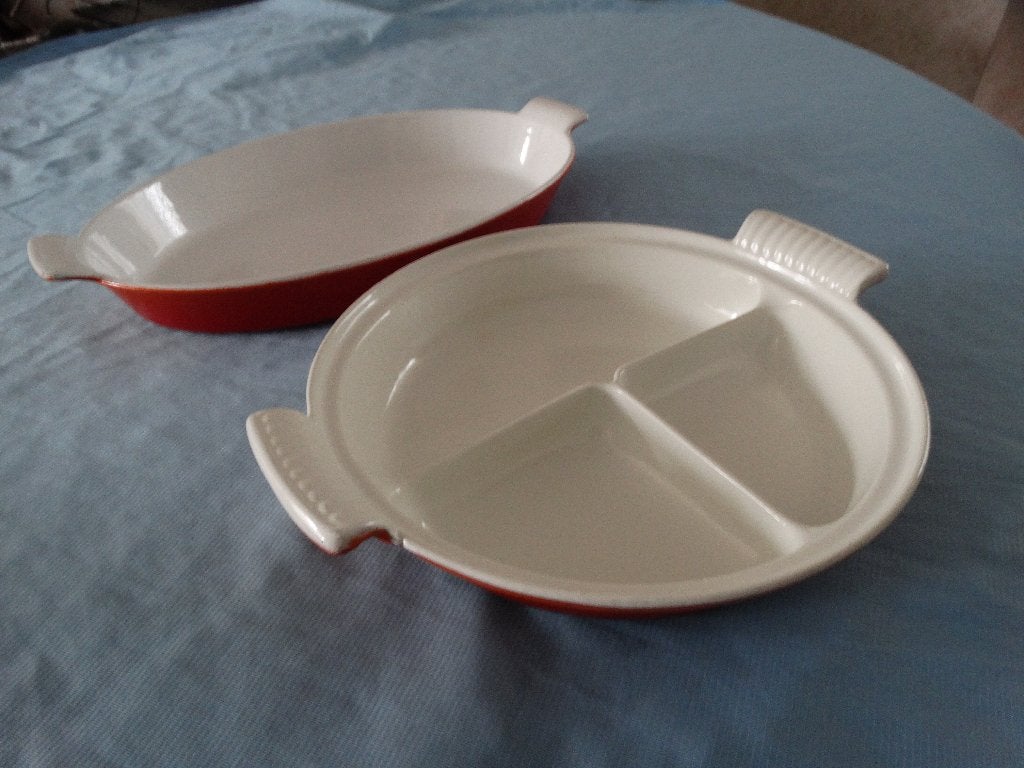 Ovenschaal gietijzer ovaal en 3 vaksschaal rond, Gebruikt, Ophalen of Verzenden, Overige merken, Braadpan