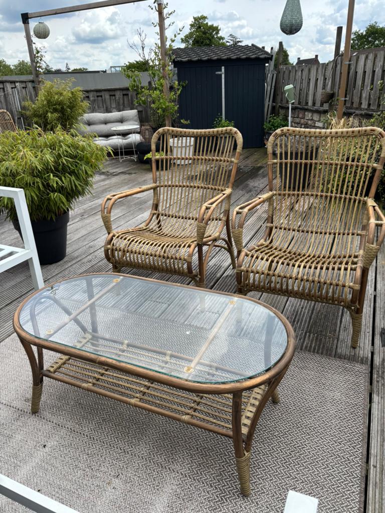 Twee rotanlook kunststof fauteuils met salontafel buiten, Kunststof, Loungeset, Stoel, Ophalen
