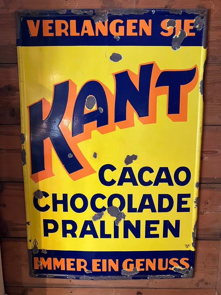 Emaille reclame bord cacao chocola pralinen Kant, Ophalen, Gebruikt, Reclamebord