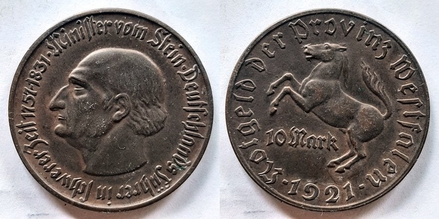Westfalen 10 Mark 1921 Stein, Verzenden, Duitsland