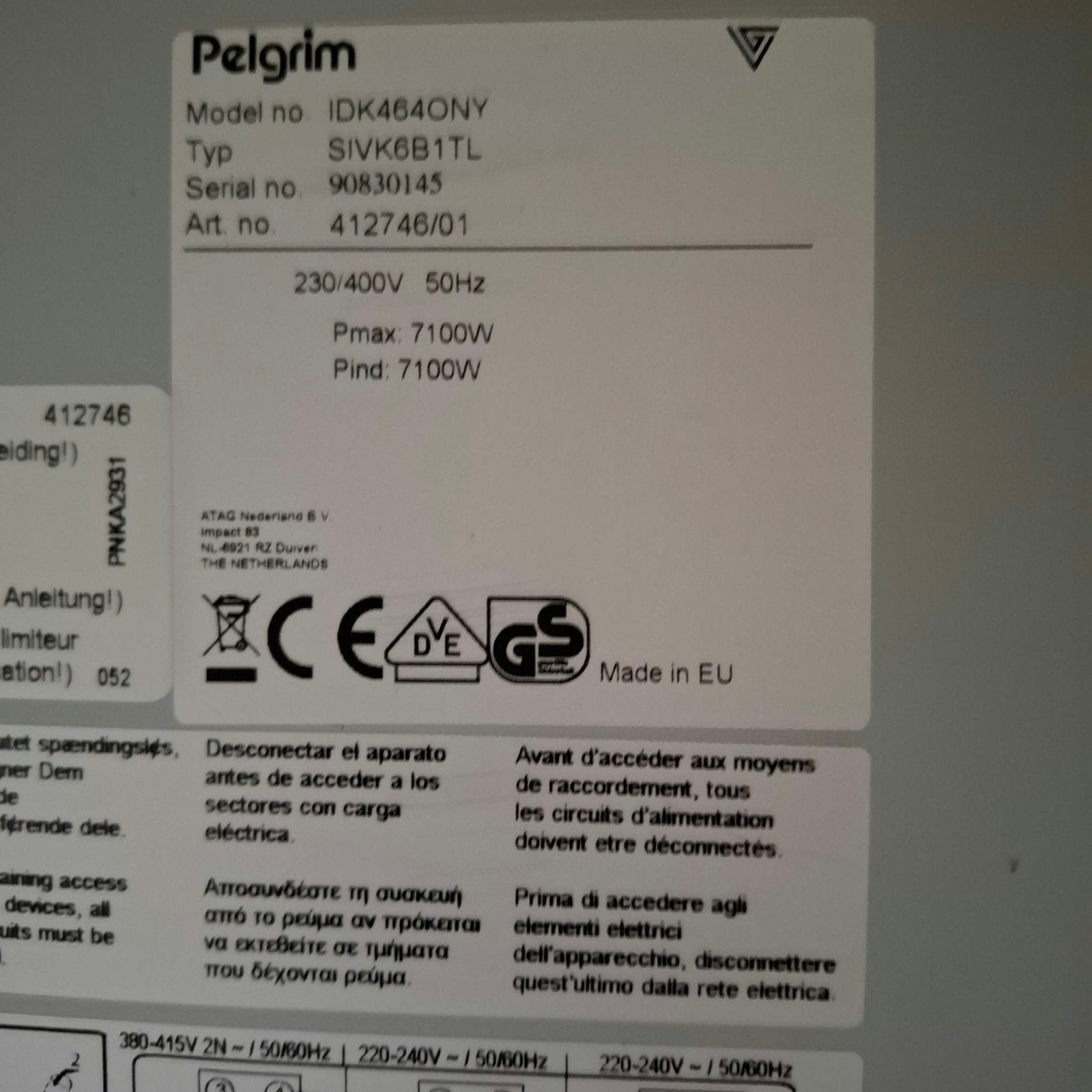 Pelgrim IDK464ONY Inductiekookplaat 4 zones, Witgoed en Apparatuur, Kookplaten, Ophalen, Gebruikt, 4 kookzones, Inductie