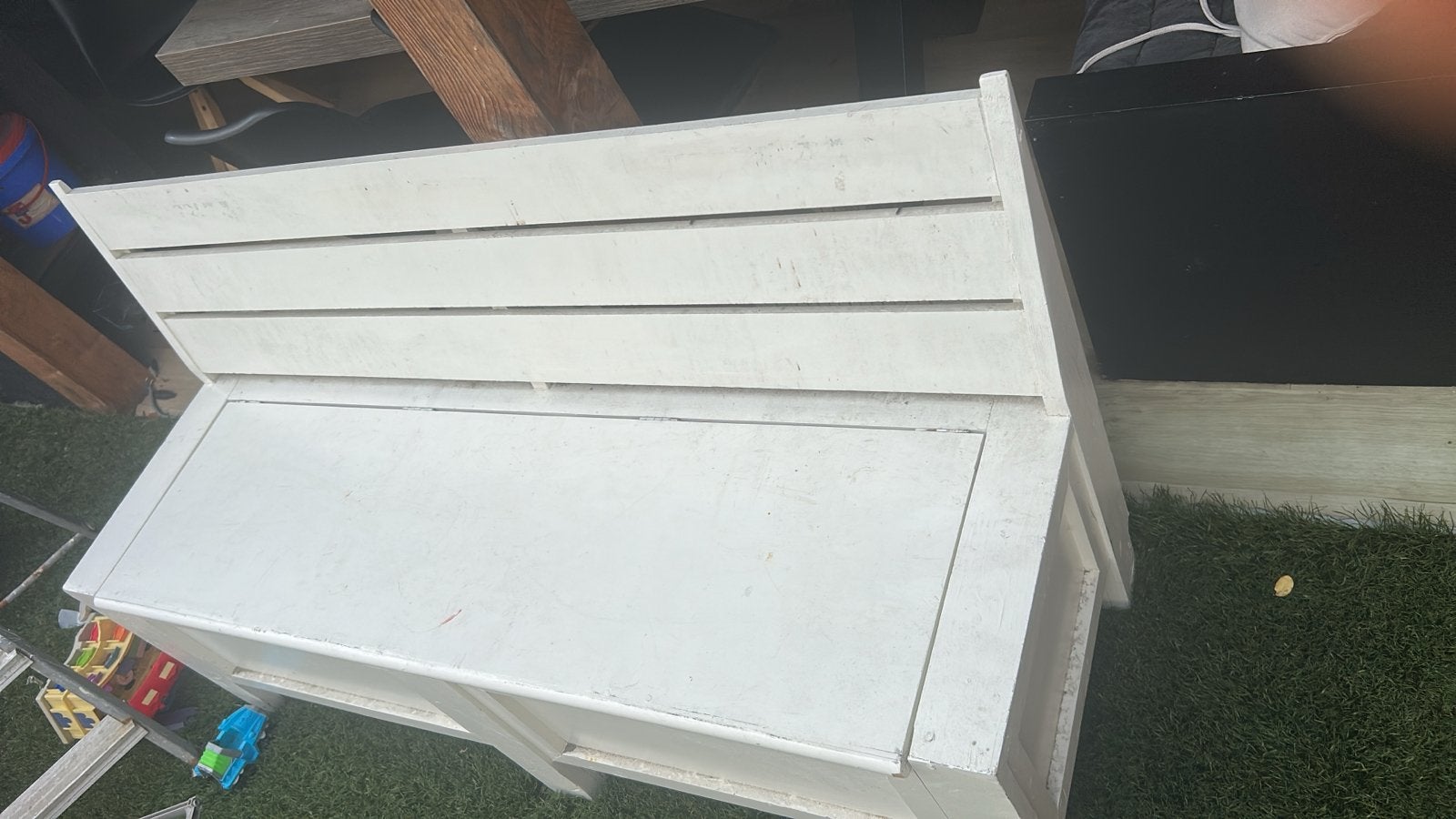 Witte houten bank met opbergruimte en kussens, Ophalen, Gebruikt, 150 tot 200 cm, Tweepersoons