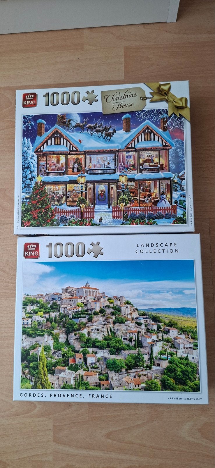 2x King Legpuzzel 1000 stukjes: Gordes & Christmas House, Ophalen, 500 t/m 1500 stukjes, Zo goed als nieuw, Legpuzzel