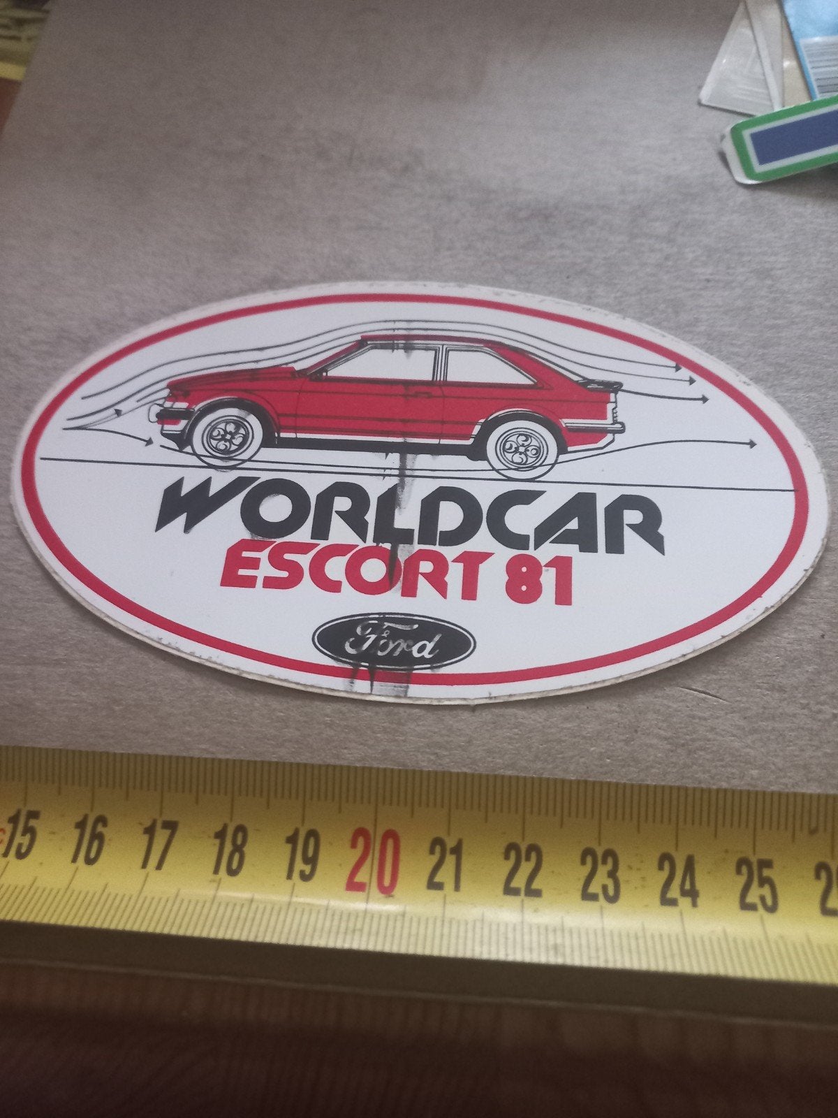 Vintage Ford Escort 81 Worldcar sticker, Ophalen of Verzenden, Gebruikt