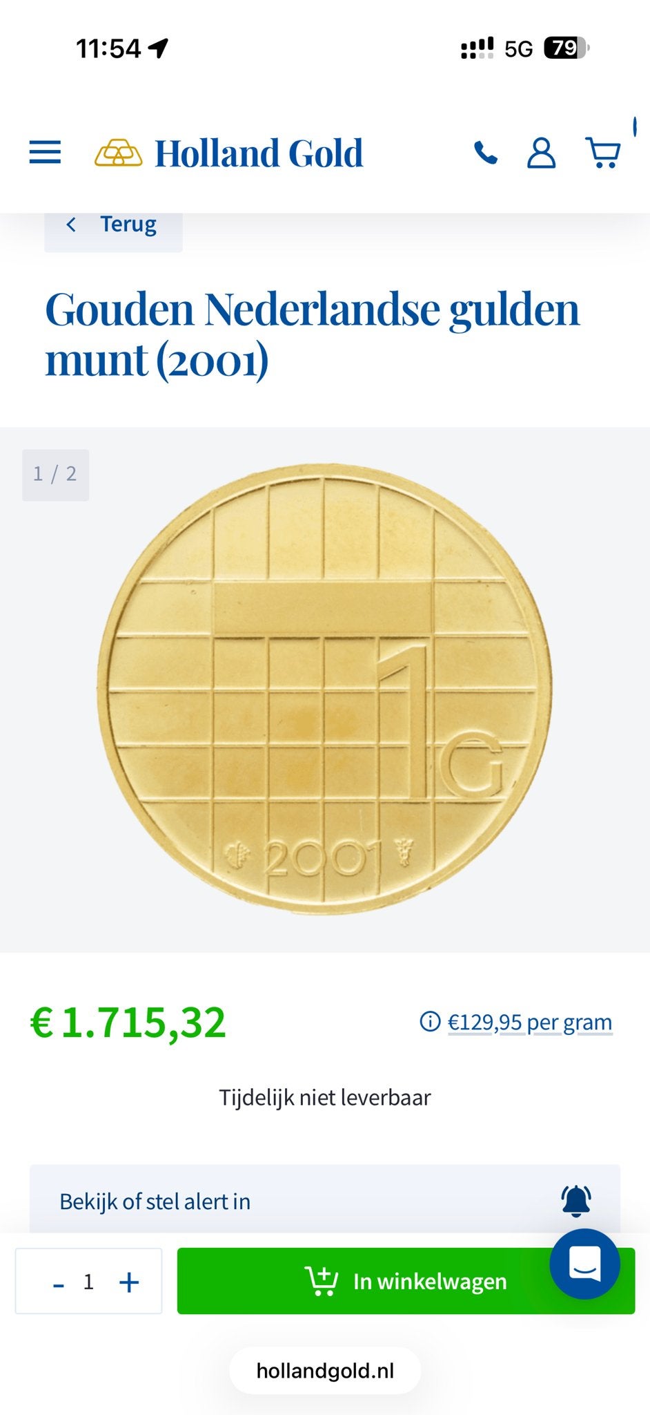 Gouden Nederlandse gulden munt (2001), 1 gulden, Koningin Beatrix, Losse munt, Goud