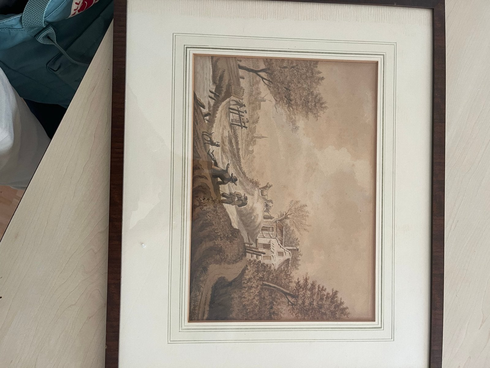 Antieke ingelijste tekening, gesigneerd, Antiek en Kunst, Ophalen of Verzenden, Tekening, Pentekening, Achter glas
