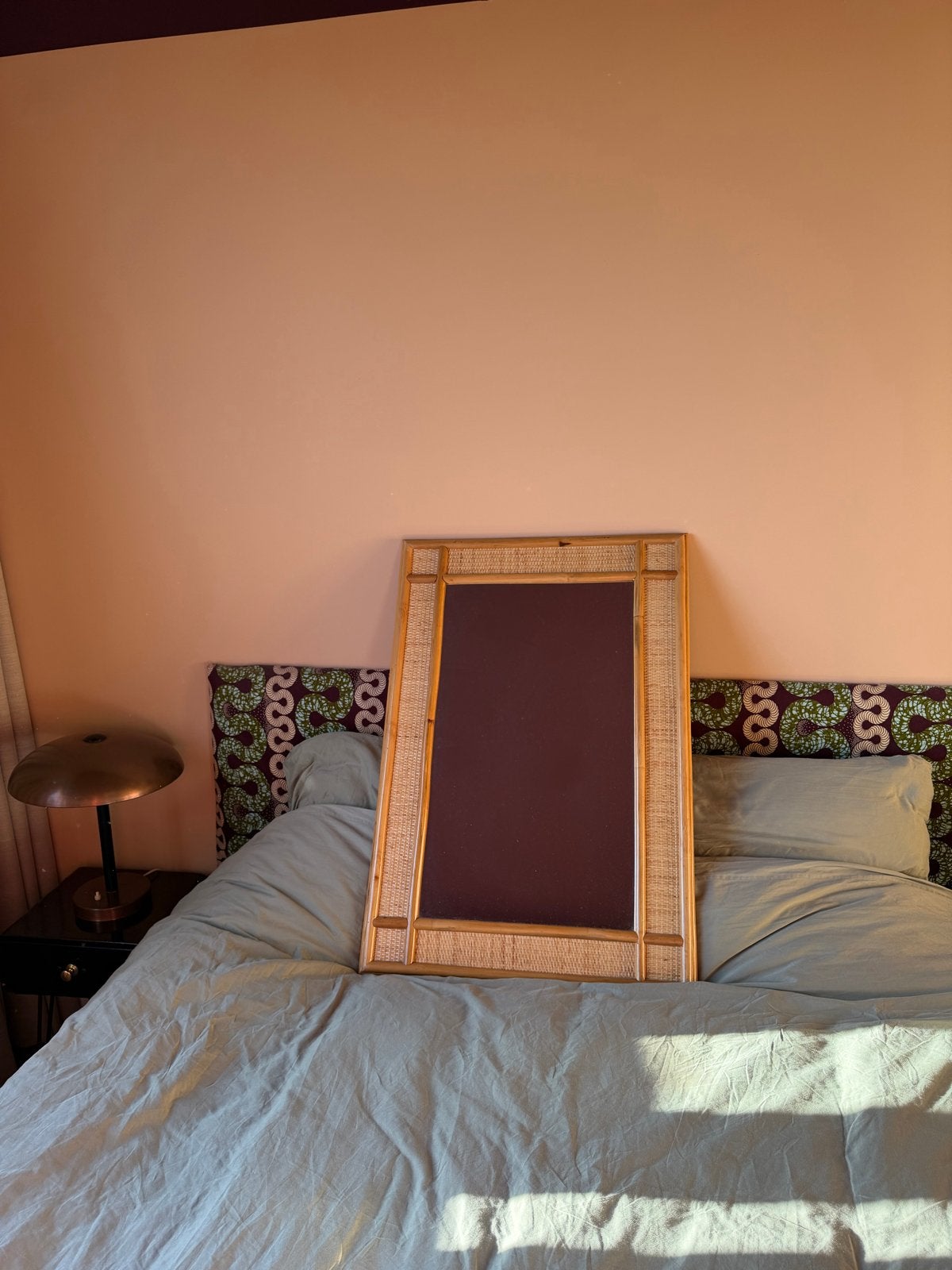 Vintage rotan spiegel met bamboe frame, Ophalen, Zo goed als nieuw, Rechthoekig, 50 tot 75 cm