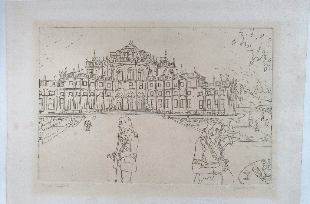 Ets "Na het tuinfeest" gesigneerd quabob, 33 cm, 22 cm, Ophalen of Verzenden, Origineel