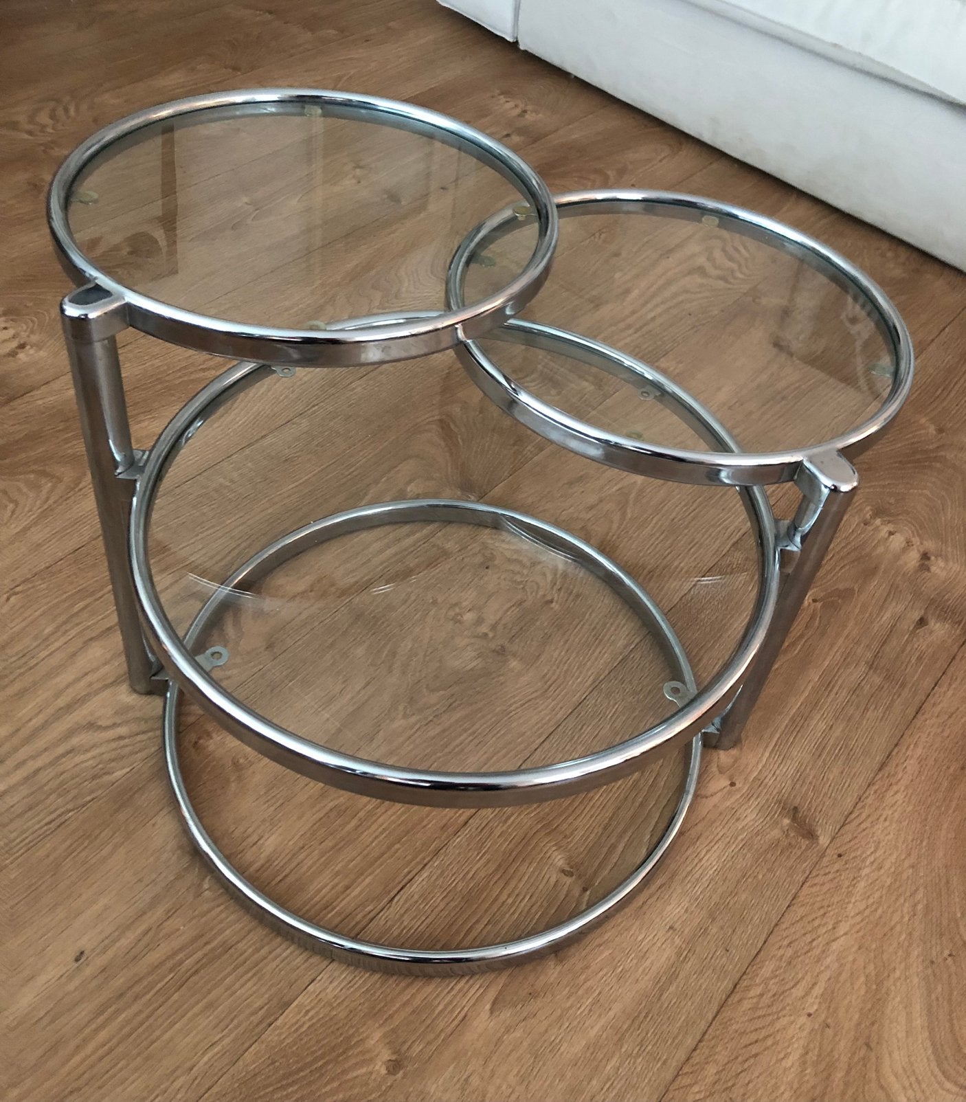 LEITMOTIV, ”Dubble Swivel” Tafel ,Glas, Chroom, SPACE AGE, Gebruikt, 100 tot 150 cm, Bauhauss, Space age, retro, vintage , chroom , modern , design