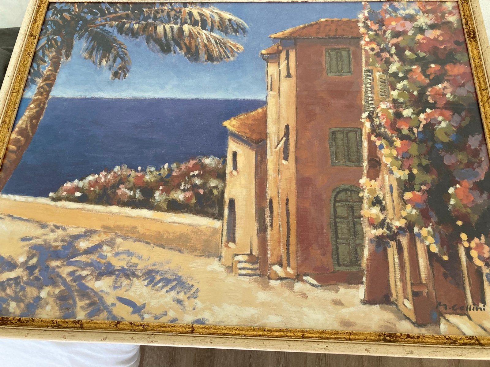 Schilderij Middellandse Zeegezicht met huis en bloemen, Doek, Realistisch, Ophalen of Verzenden, Gesigneerd