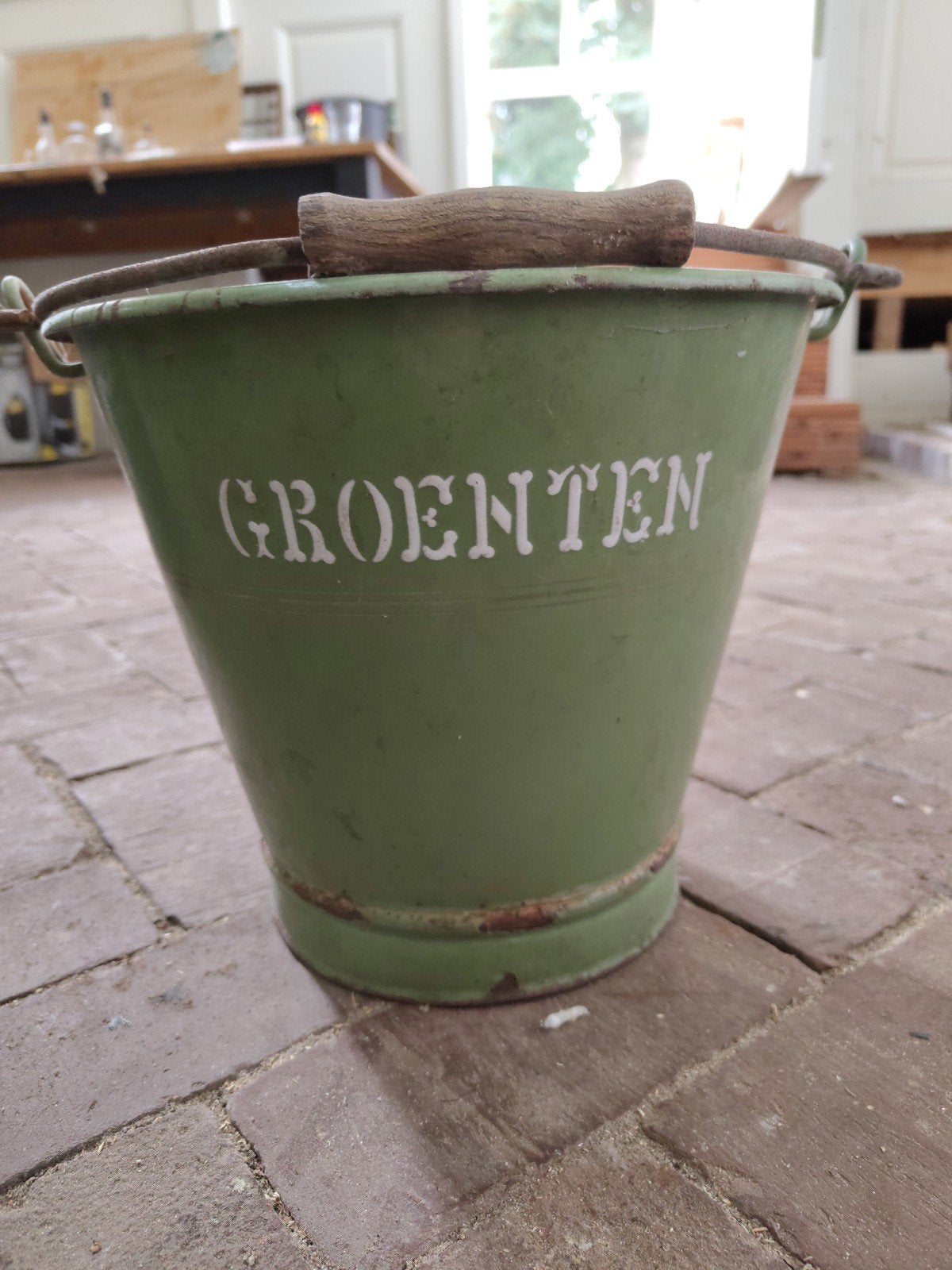 Vintage Groenten Emaille Emmer - Groen, Antiek en Kunst, Ophalen