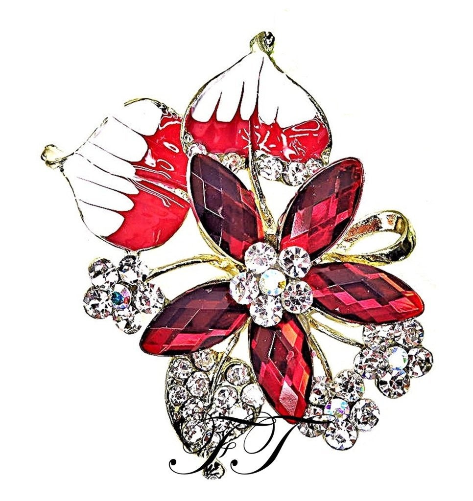 Deze mooie broche is versierd met een robijnen strass bloem., Sieraden, Tassen en Uiterlijk, Broches, Overige materialen, Overige kleuren