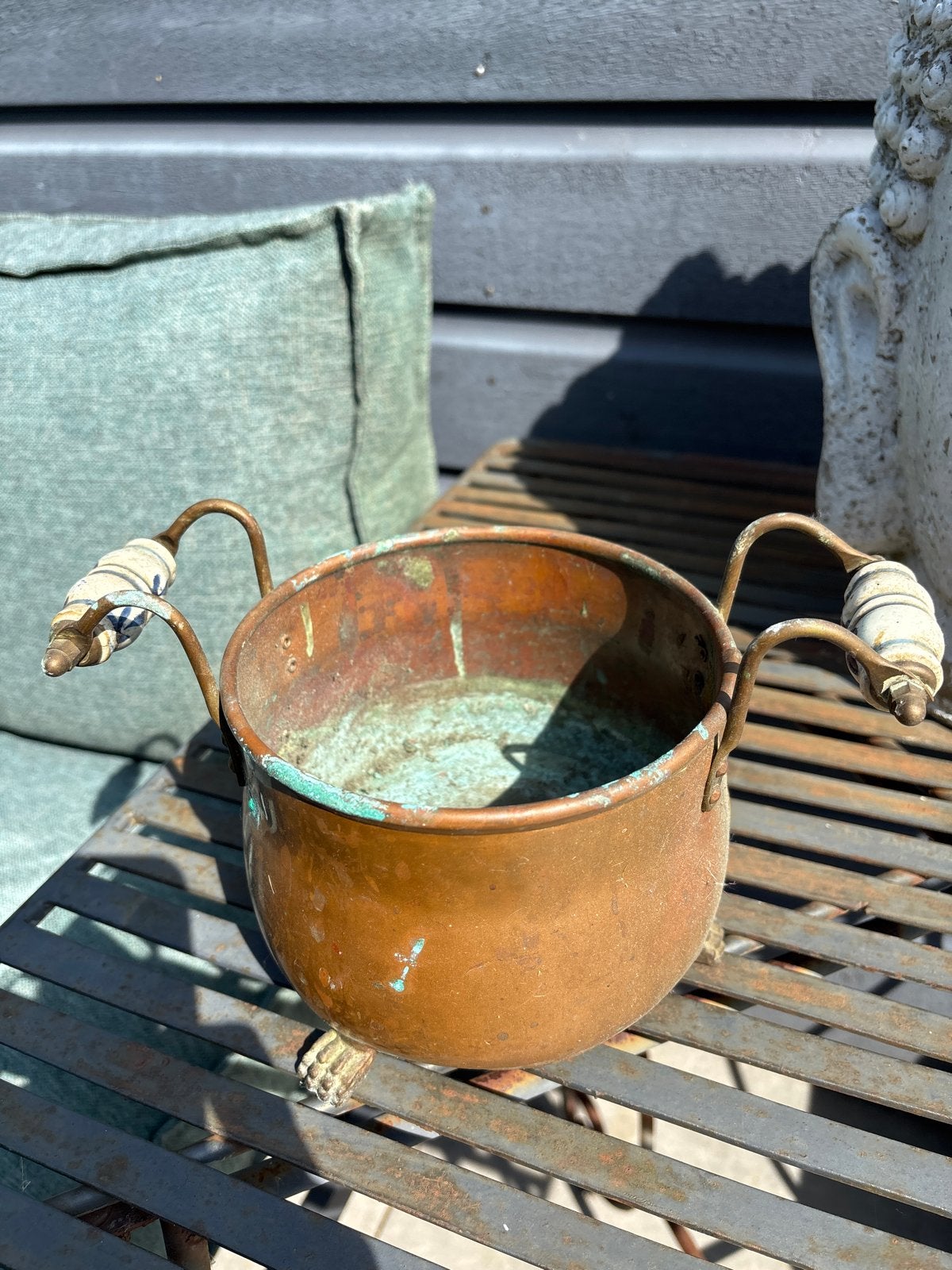 Antieke Koperen Pot met Porseleinen Handvatten, Ophalen, Koper