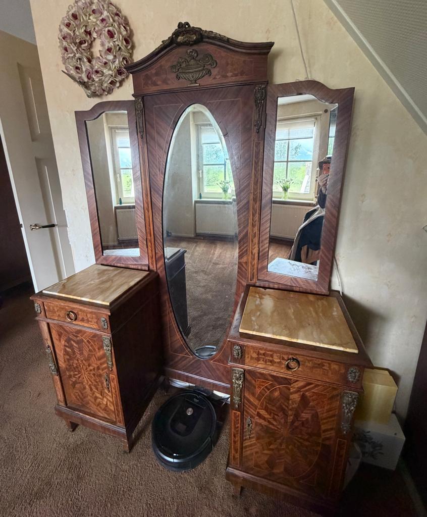Antieke kaptafel met marmeren blad en spiegel uit 1890, Antiek en Kunst, Antiek | Spiegels, Ophalen, Rechthoekig