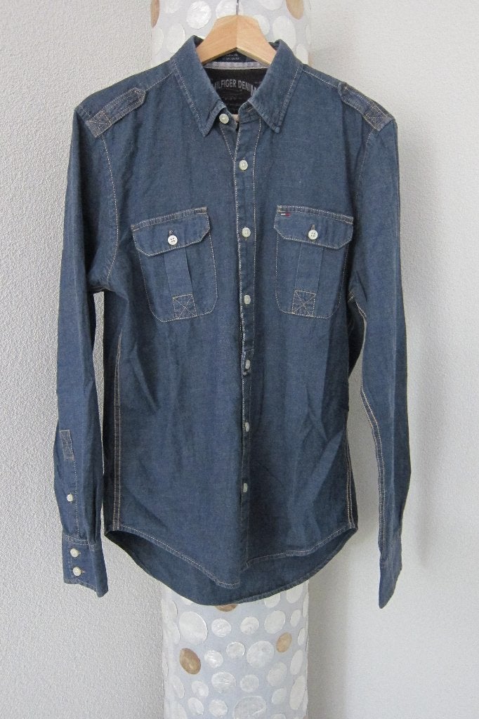Hilfiger denim spijkerblouse overhemd custom fit blauw s, Blauw, Halswijdte 38 (S) of kleiner, Tommy Hilfiger, Zo goed als nieuw