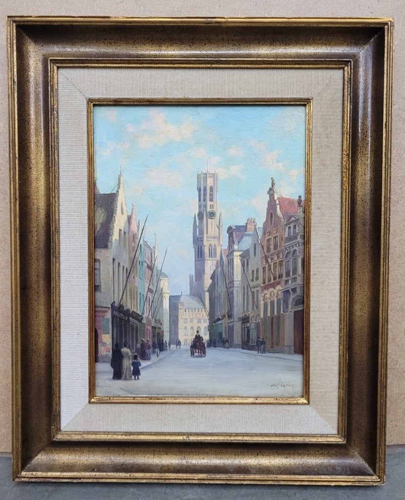 Albert GAUTIER, naar het Belfort in Brugge, Doek, Ophalen of Verzenden, Olieverf, Klassiek