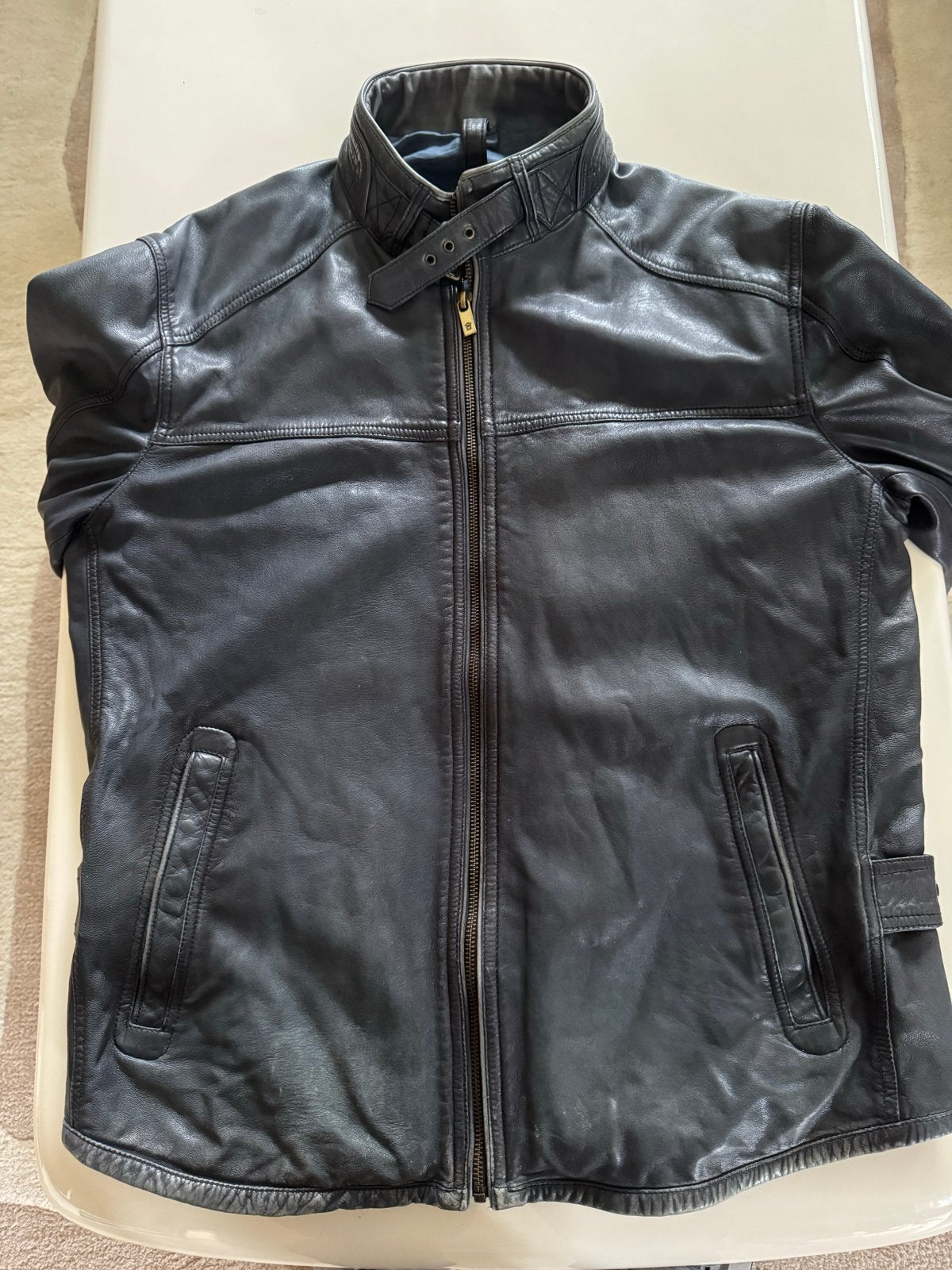 Massimo Dutti Leren Jas Donkerblauw Maat L, Ophalen of Verzenden, Gedragen, Maat 52/54 (L), Blauw