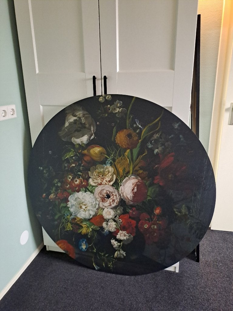 Prachtig rond schilderij bloemen muurcirkel diam 120 cm, Ophalen, Zo goed als nieuw, 100 tot 125 cm, Schilderij
